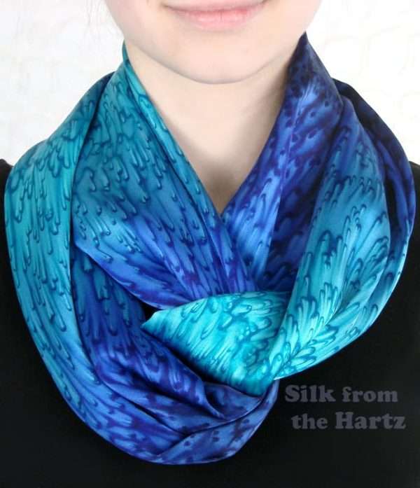 Blue Mulberry Silk Eternity Scarf Blue and Turquoise Silk Satin Eternity Scarf Hand Painted with Dyes in Raindrop Salt Pattern