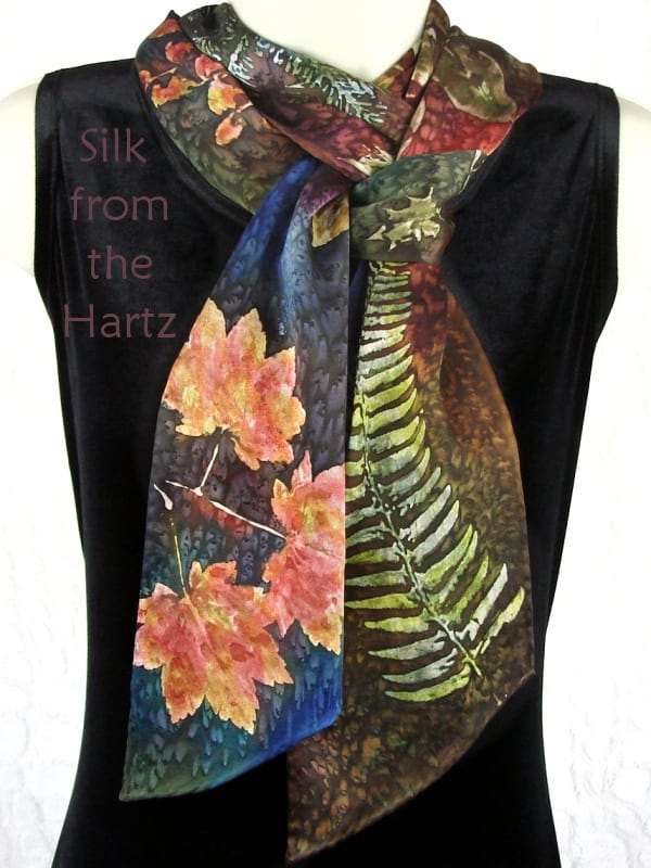 Leaf 5″ x 72″ Fall Scarf Earth Tone Leaf Print 5" x 72" Autumn Silk Scarf with Maple, Cedar, Huckleberry, Oregon Grape and Ferns