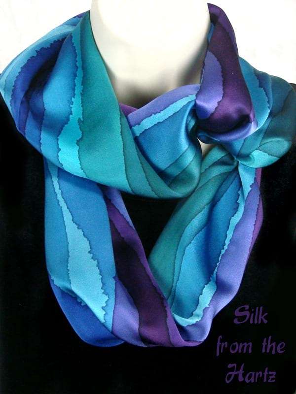 Jewel Tone Unique Stripe Loop Womens Infinity Scarf Jewel Tones of Blue, Green and Purple Hand Painted Unique Stripe Silk Infinity Loop Scarf for Women