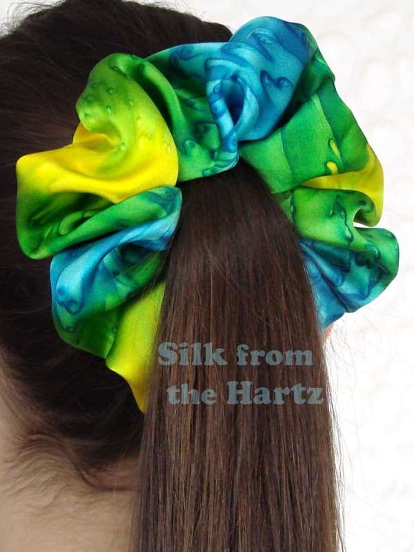Yellow Green Turquoise Hand Dyed Mulberry Silk Hair Scrunchy for Girls