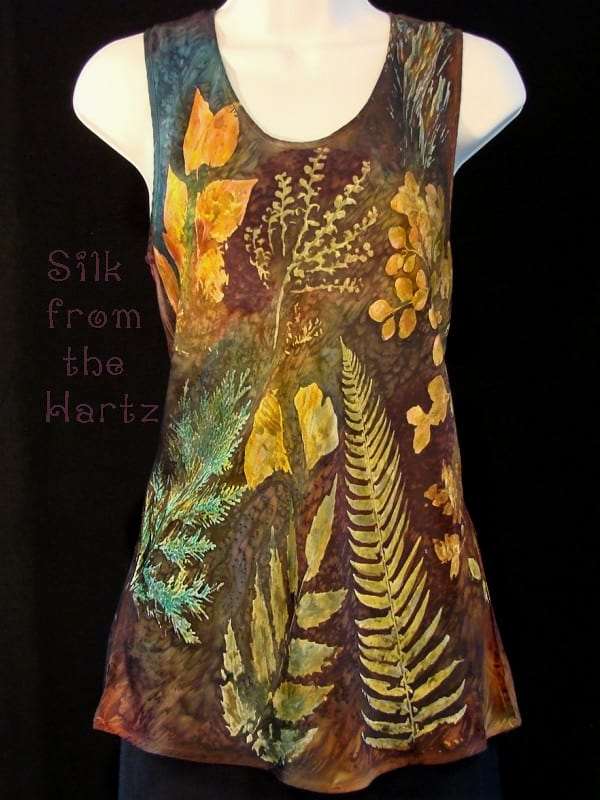 Botanical Leaf Fall Color Silk Tank Top Unique Botanical Leaf Hand Printed and Dyed Earth Tone Fall Color Silk Satin Tank Top