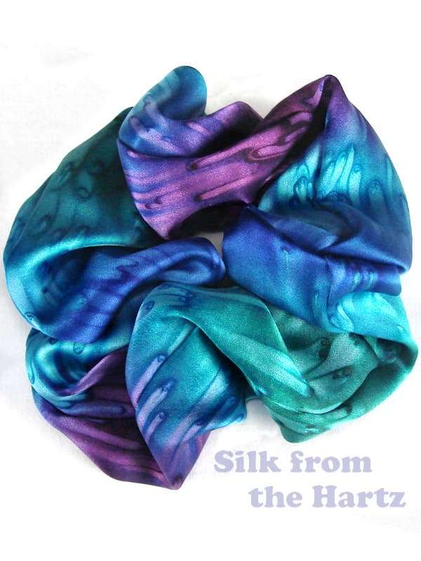 Jewel Tone Silk Scrunchies Unique and beautiful jewel tone silk satin hair scrunchies hand dyed in blue, green and purple mulberry silk for girls