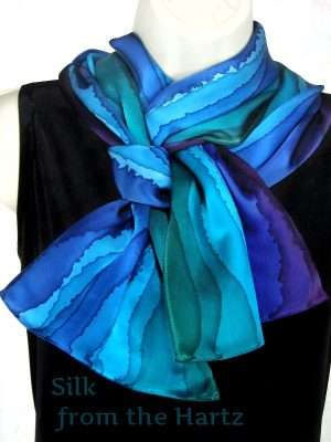Jewel Tone 11 x 60 Hand Painted Stripe Unique Silk Scarf 11" x 60" Jewel Tone - Blue Green Purple - Hand Painted Stripe Unique Silk Scarves for Women