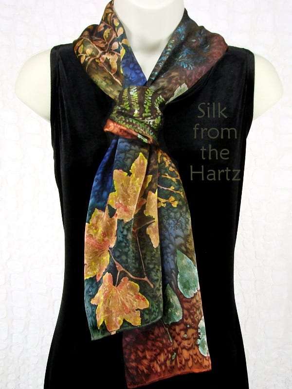 Leaf 11″ x 60″ Fall Colored Scarves Fall Colored Silk Scarves for Women 11" x 60" Hand Printed Maple, Lilac, Huckleberry Leaves Dyed in Earth Tones