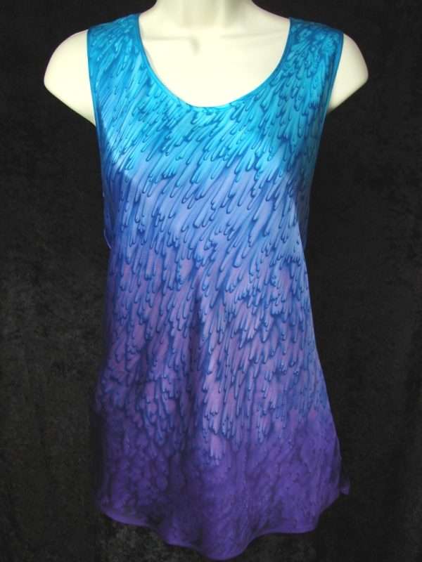 Blue Purple Womens Silk Satin Tank Top Hand dyed creative ombre pattern silk satin women's tank top with turquoise blue at the top graduating to purple at the bottom